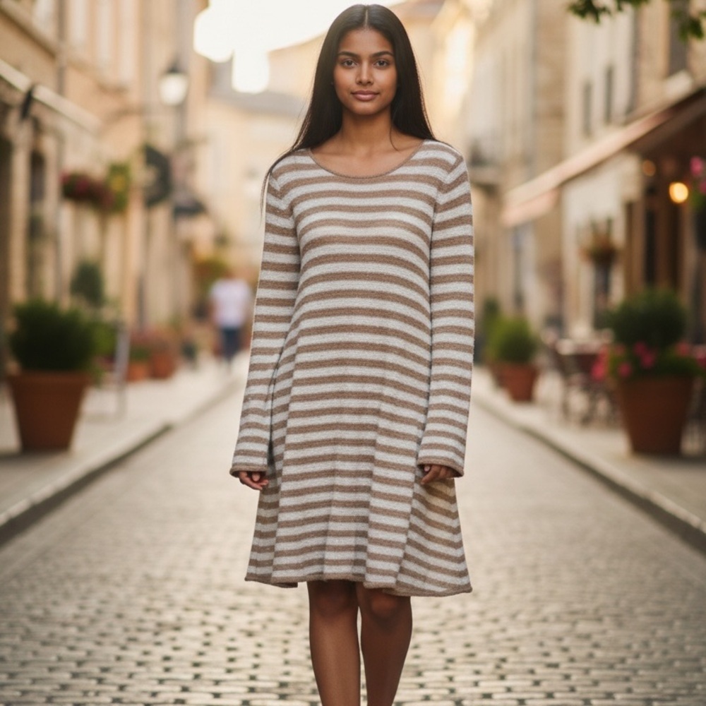 FREE PEOPLE sz Medium Sweater Dress Counting Stripes Knit Long Sleeve Tan Green